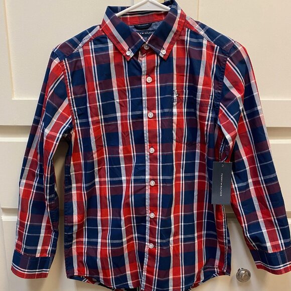 NWT Tommy Hilfiger Boys' Long Sleeve Button Down Shirt, Flag Blue Red Med 12-14 - Picture 1 of 4